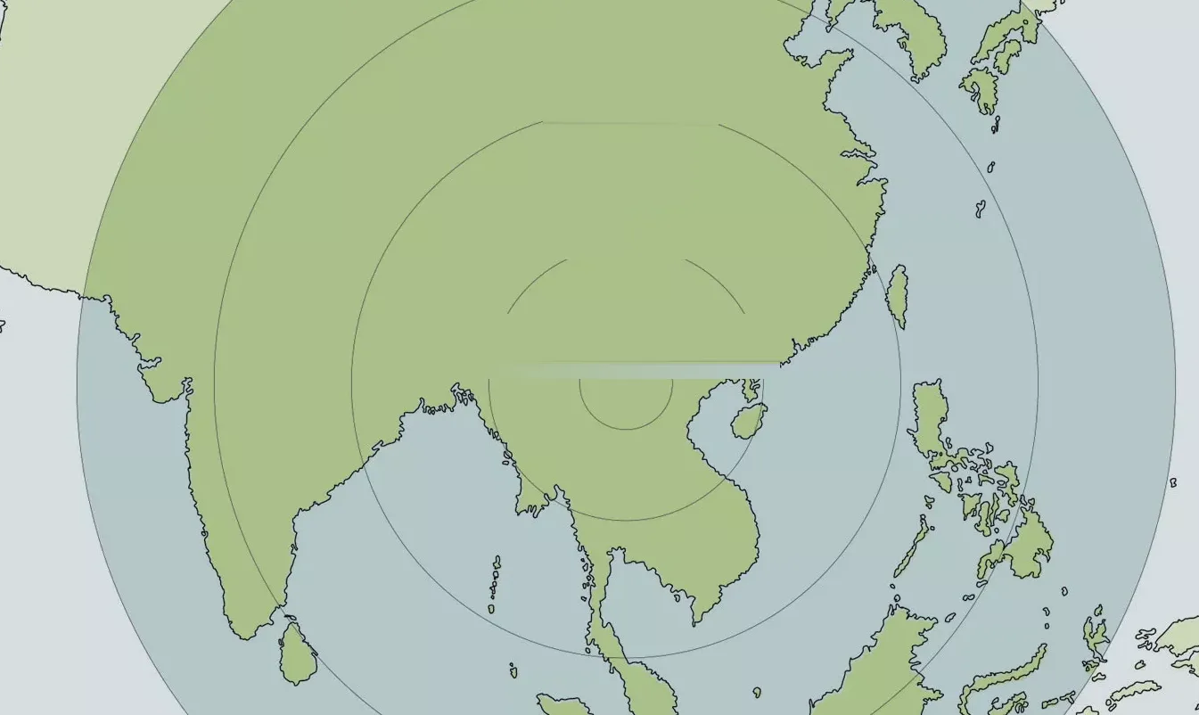 One to four hour flight-time rings centred on Muang Sing