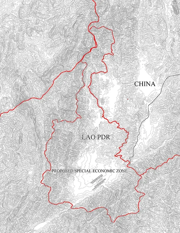 Contour map showing the China / Lao PDR border and the proposed special economic zone