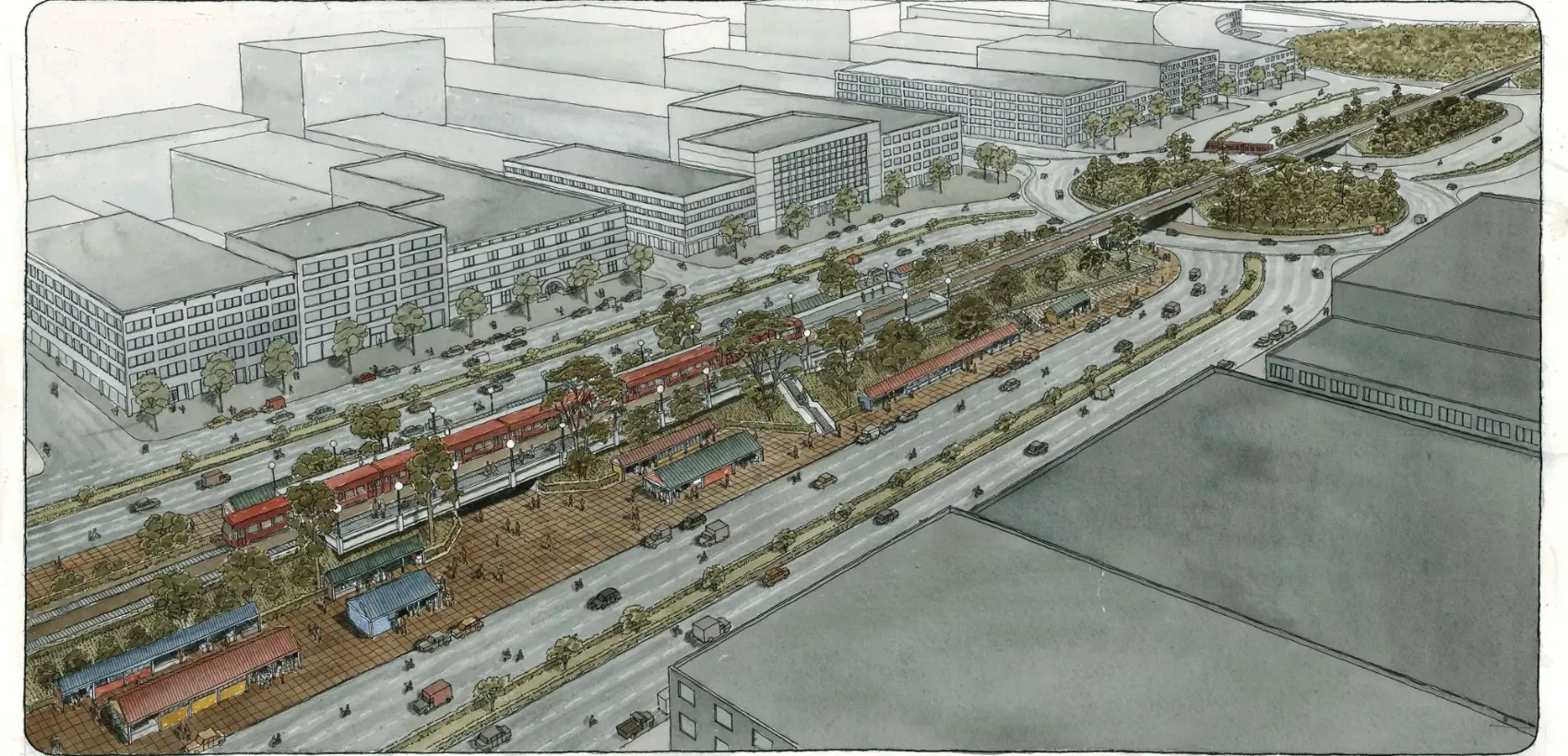 Ground-level watercolour rendering of the future cargo city